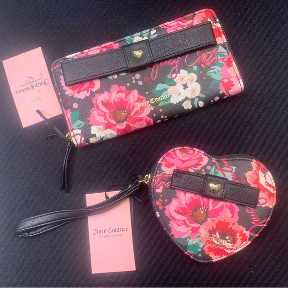 Juicy Couture Handbags - Juicy Couture Black Floral Heart Wristlet & Zip Wallet Set - Pink Red Floral